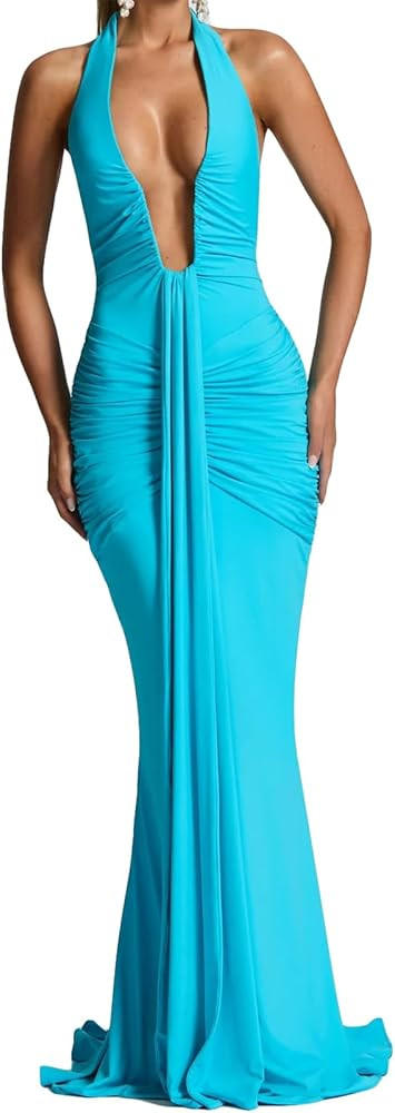 Women's Sexy Halter Sleeveless Deep V Neck Ruched Ruffles Bodycon Cocktail Party Dress | Amazon (US)