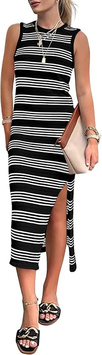 PRETTYGARDEN Summer Dresses for Women 2026 Casual Sleeveless Hollow Out Knit Side Slit Striped Be... | Amazon (US)
