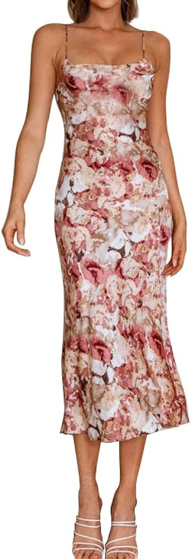 Women's Sleeveless Spaghetti Strap Satin Wedding Guest Party Dress Cocktail Evening Cowl Neck Bac... | Amazon (US)