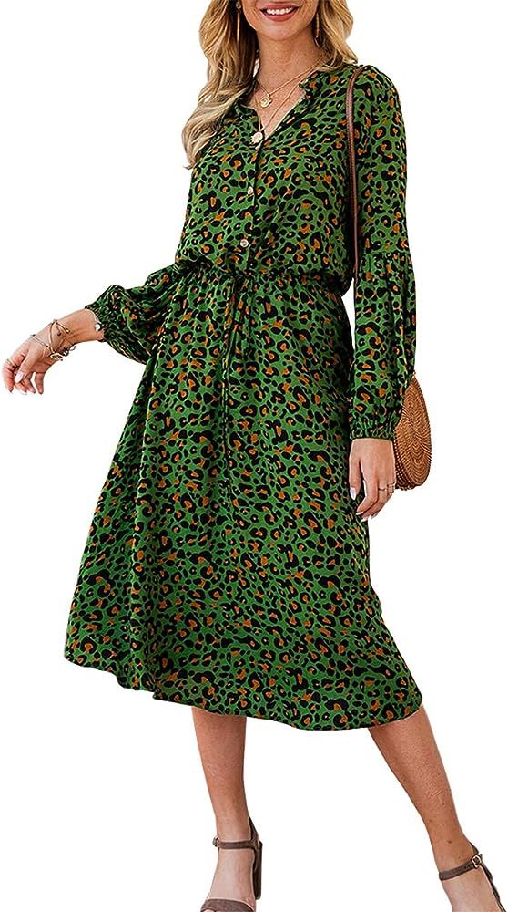 KIRUNDO 2021 Women’s Midi Leopard Dress Stylish Long Sleeves High Waist Dress Button Front Drawstrin | Amazon (US)