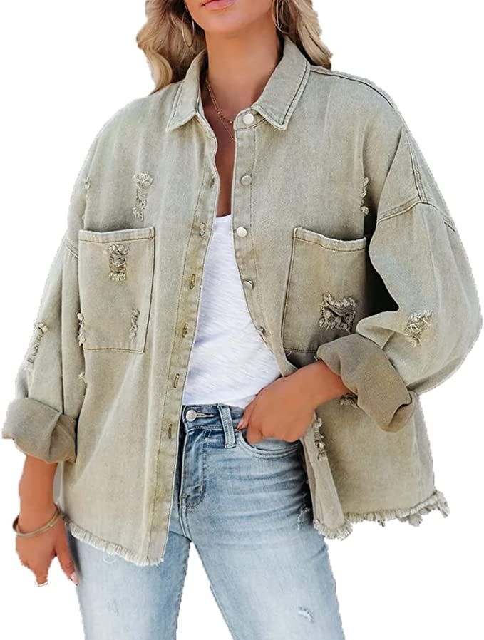 Ankecity Women's Boyfriend Denim Jackets Long Sleeve Loose Jean Coats Oversize… | Amazon (US)