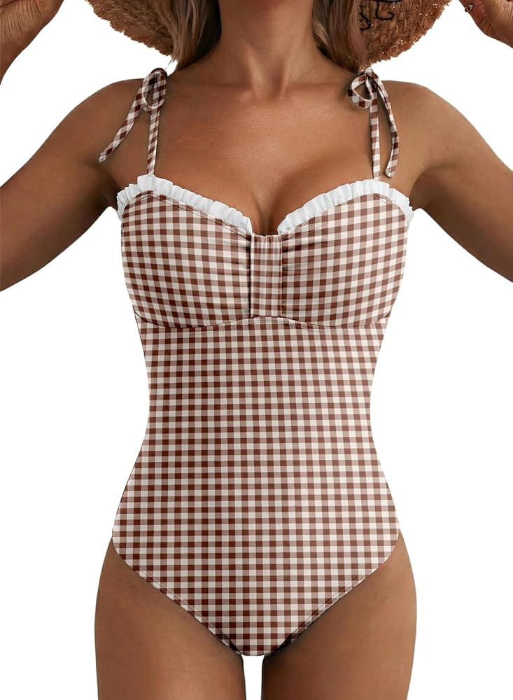 Herseas Women’s Striped One Piece Swimsuits Tie Shoulder High Cut Tummy Control Bathing Suit 20... | Amazon (US)