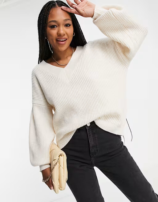 ASOS DESIGN v neck fluffy sweater in cream | ASOS (Global)