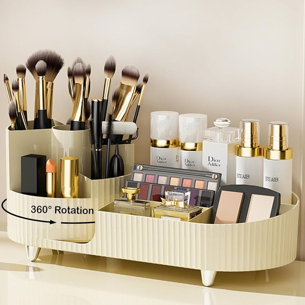 New 360 Rotating Makeup Organizer for Vanity with Brush Holder, Cosmetic Makeup Storage Organizer... | Amazon (US)
