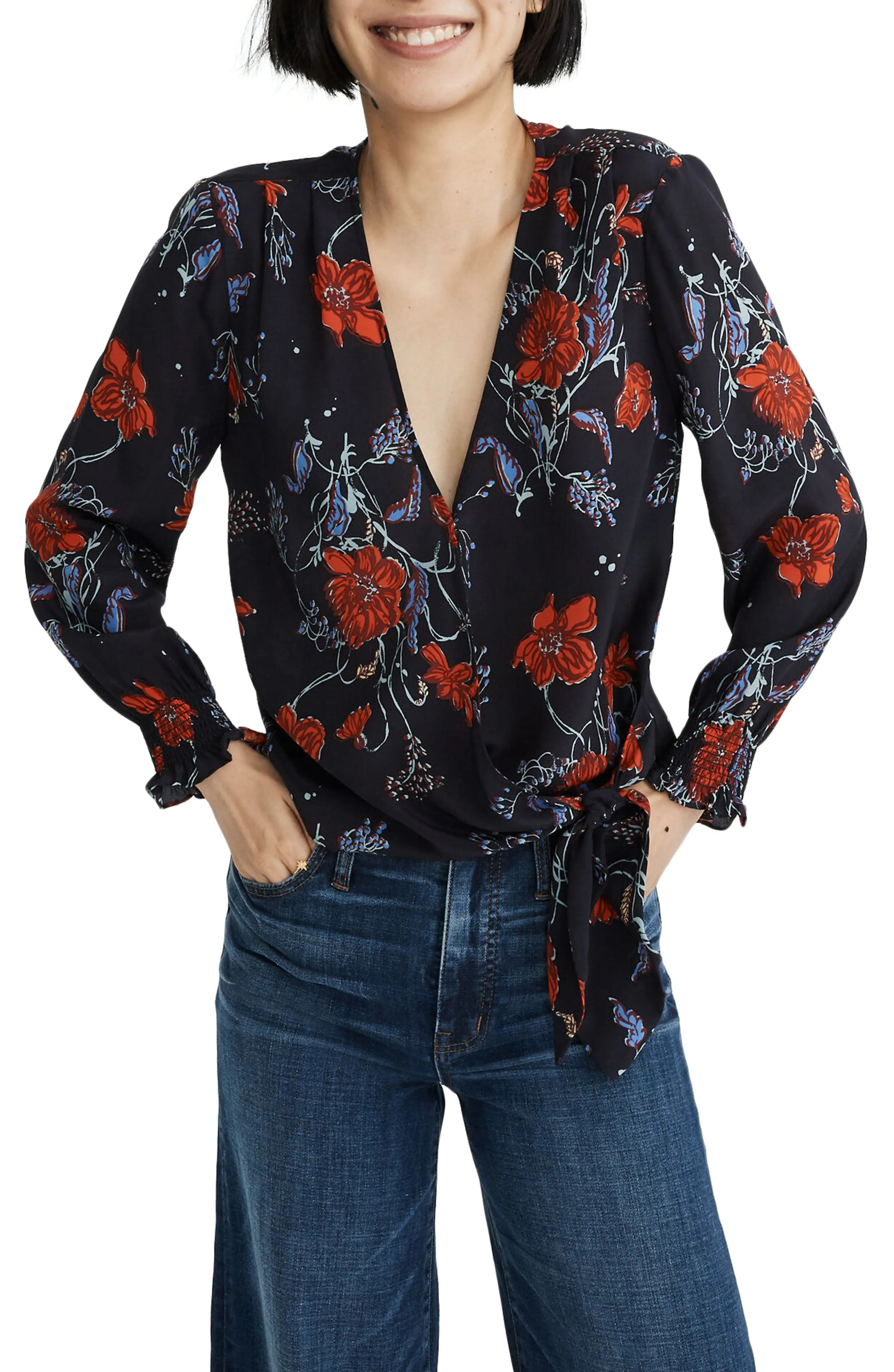 Silk Smocked Sleeve Wrap Top | Nordstrom