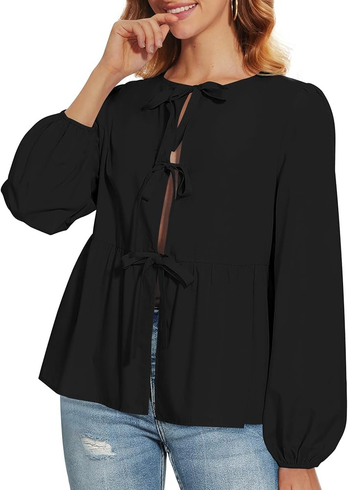 Tie Front Tops for Women Puff Long Sleeve Shirt Peplum Hem Cute Babydoll Blouse Y2k Going Out Top... | Amazon (US)