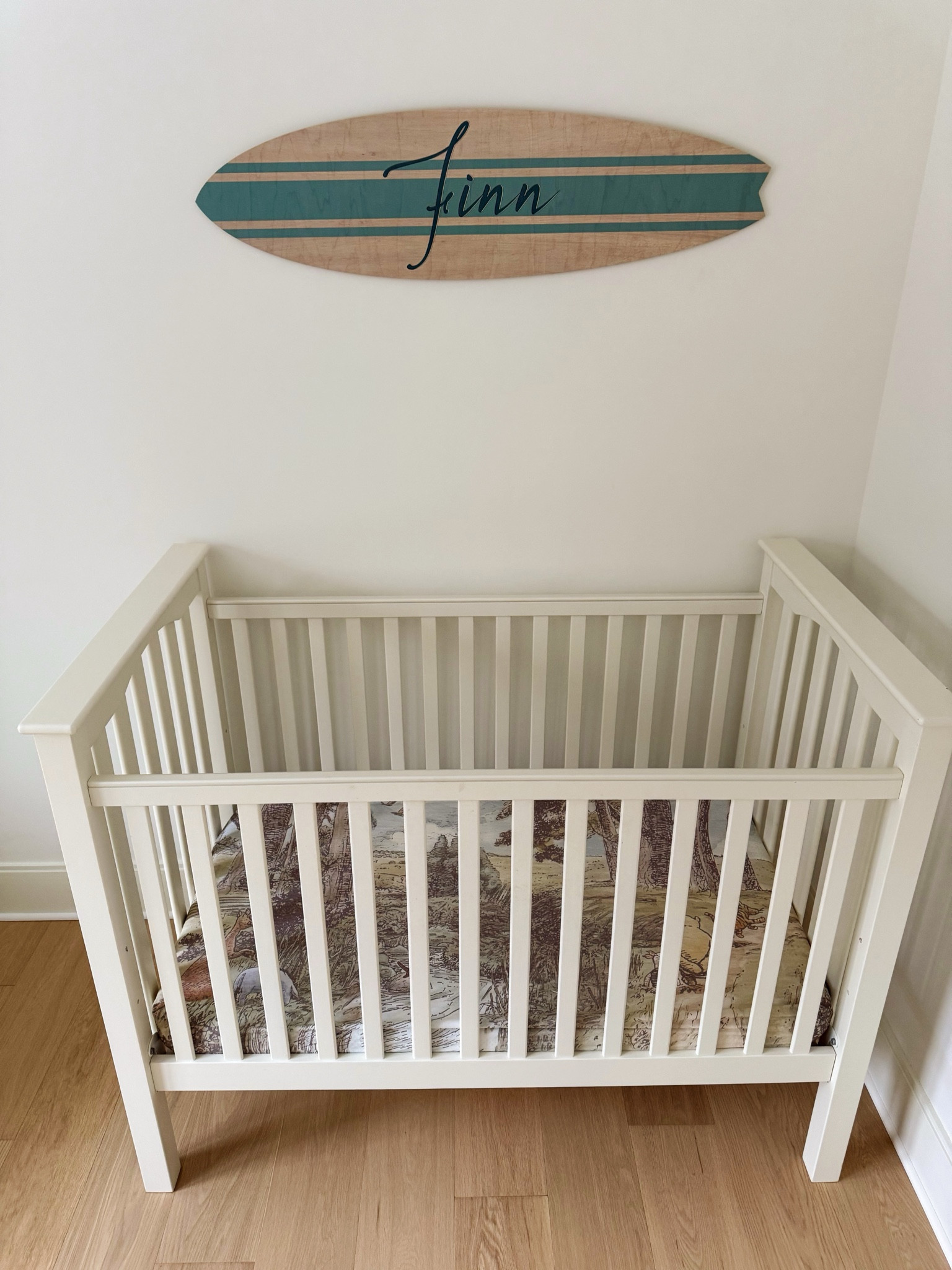 Convertible pottery barn crib. Custom name surfboard from Etsy. Whinny the poo crib sheets from pottery barn kids  

#LTKHome #LTKBaby #LTKKids