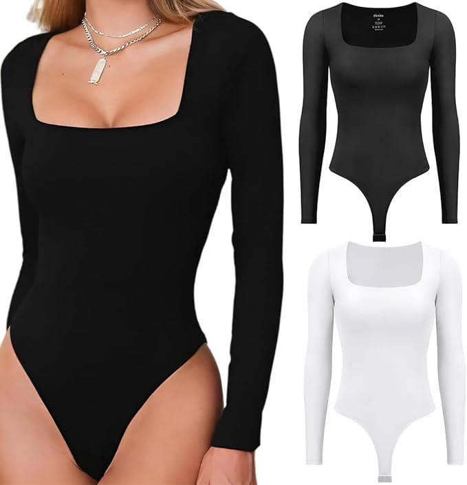 Flevita Women's 2 Pack Long Sleeve Bodysuits Square Neck Basic Shirts Tops Bodysuit Jumpsuit | Amazon (US)