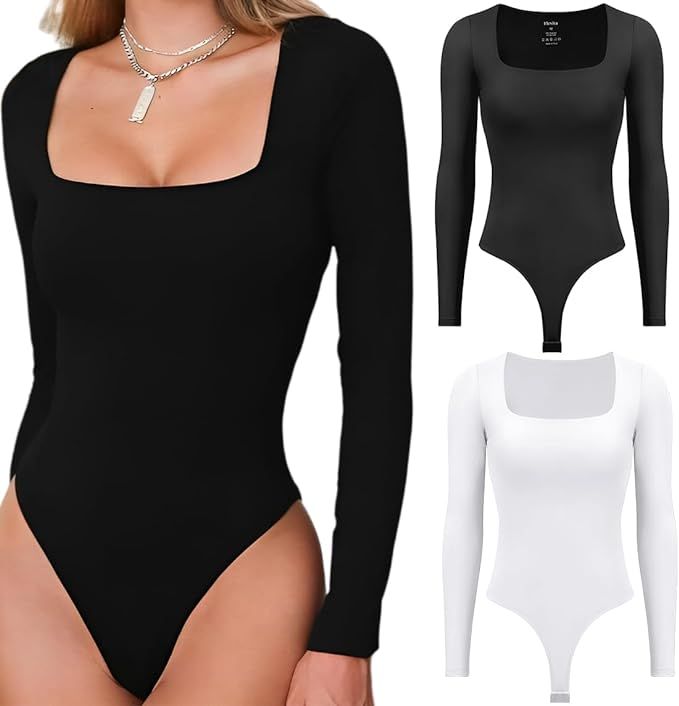 Flevita Women's 2 Pack Long Sleeve Bodysuits Square Neck Basic Shirts Tops Bodysuit Jumpsuit | Amazon (US)
