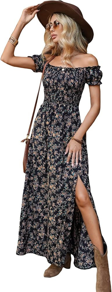 Floerns Women's Boho Ditsy Floral Print Off Shoulder Short Sleeve Split Maxi A Line Dress | Amazon (US)