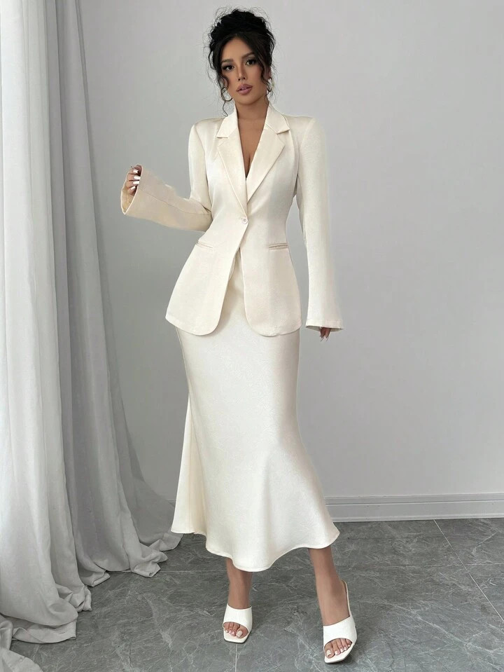 Elenzga 1 Set Solid Color Single Button Long Sleeve Blazer And A-Line Skirt Elegant Suit | SHEIN