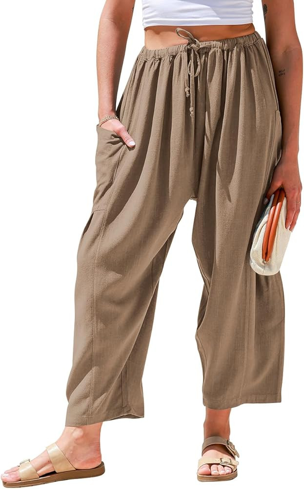 TARSE Womens Linen Wide Leg Pants Casual Loose Drawstring Summer Beach Travel Vacation Palazzo Ha... | Amazon (US)