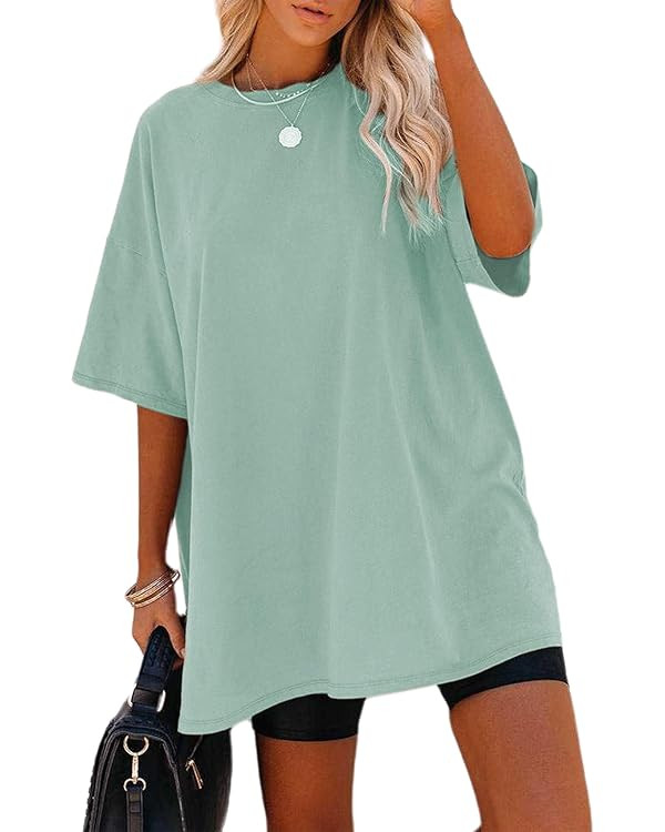 Remidoo Women's Oversized T Shirt Crewneck Solid Short Sleeve Baggy Cotton Tees | Amazon (US)