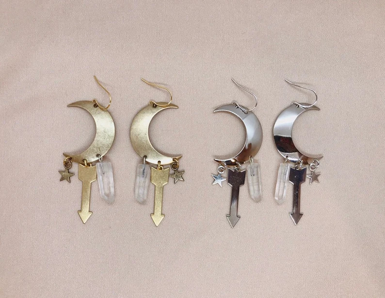 Sisters of the Moon Earrings in Brass or Silver With Quartz Crystals - Etsy | Etsy (US)