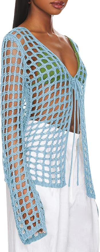 Saodimallsu Womens Long Sleeve Swimsuit Coverup Crochet Hollow Out Tie Front Swim Cover Up Knit C... | Amazon (US)
