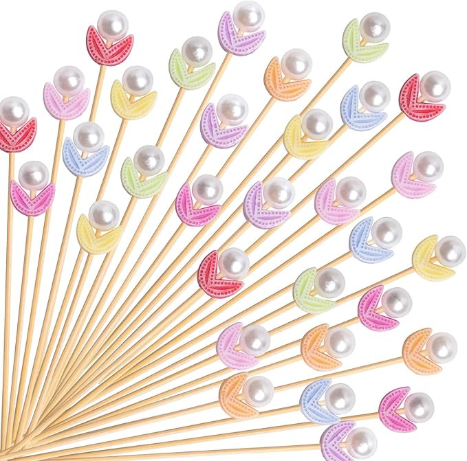 120 Pcs Tulip Cocktail Picks 4.7 Inch Pearl Flower Decorative Toothpicks for Easter Holiday Theme... | Amazon (US)