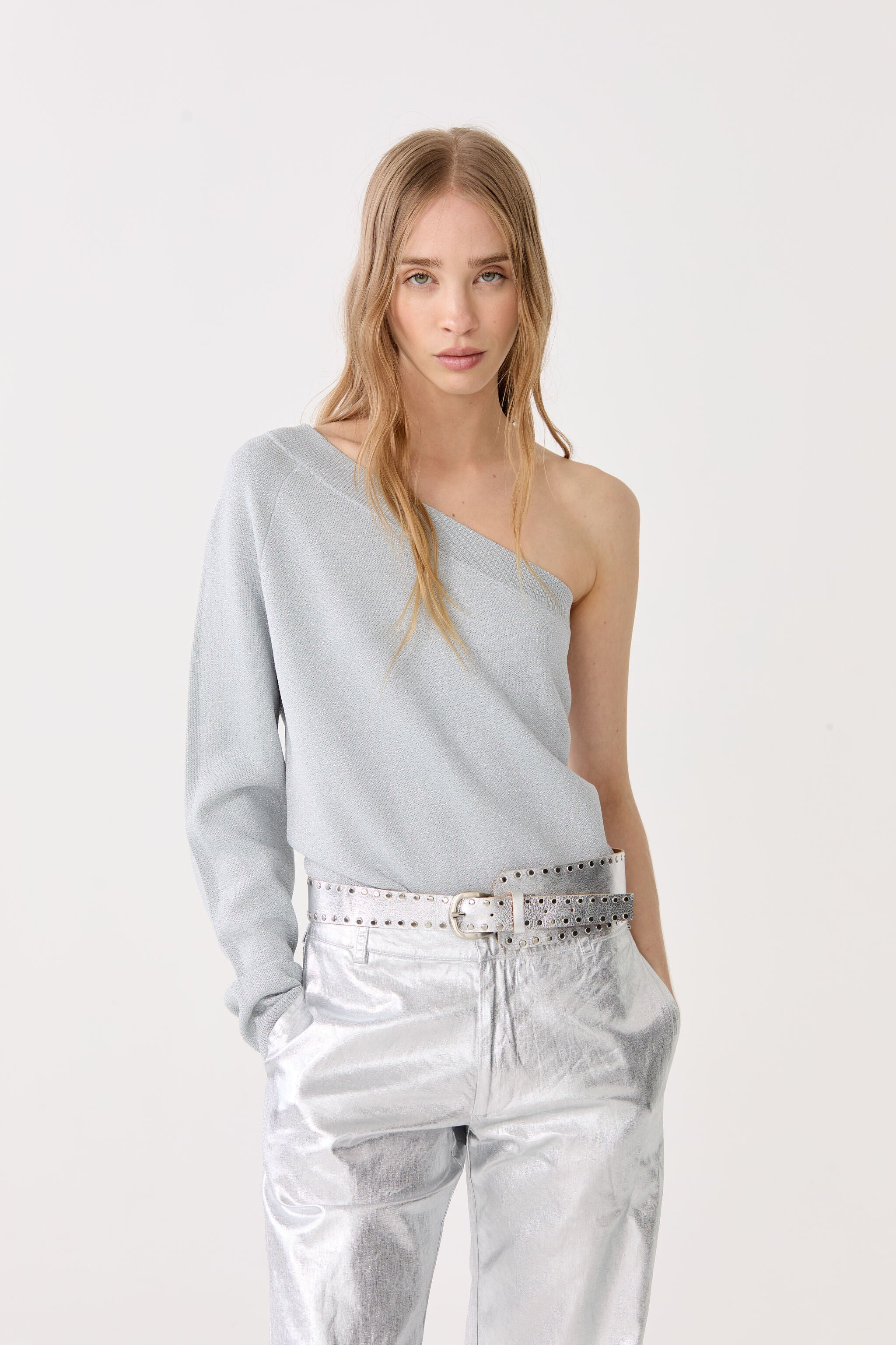 One Shoulder Glitter Knitted Top - Silver | Lanhtropy