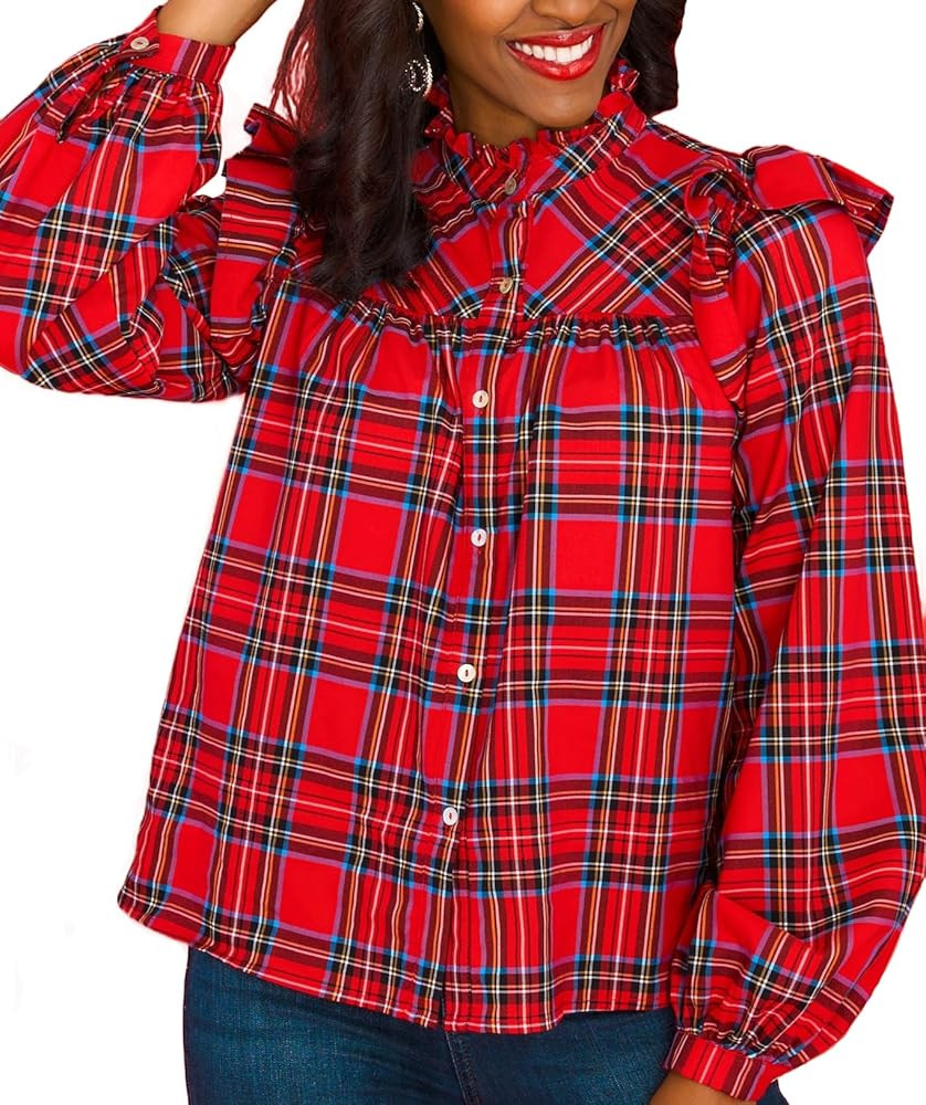 Plaid Shirts for Women Ruffle Button Down Shirts Puff Long Sleeves Blouses Collared Casual Tops | Amazon (US)
