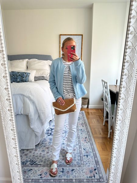 Memorial Day weekend in Maine ❤️🇺🇸🌊 Navy and white striped short sleeve tee with white skinny jeans and blue Dudley Stephens jacket. Paired with white Jack Rogers sandals cane clutch and statement earrings.

#LTKfit #LTKshoecrush #LTKitbag
