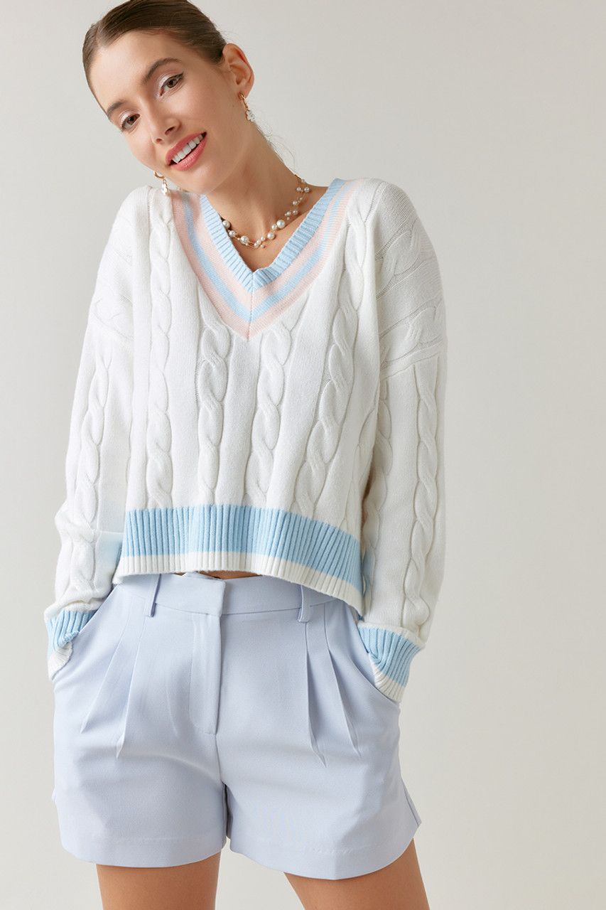 Sylvie Cable Knit Varsity Sweater | Francesca's