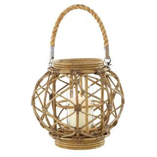 Round Brown Woven Rattan Lantern Candle with Burlap Jute Rope Handle and Glass Insert | The Home Depot