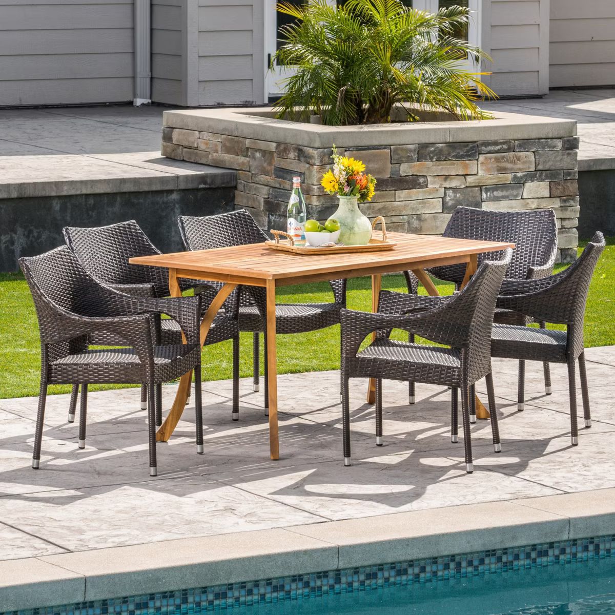 Nora 7pc Acacia & Wicker Dining Set - Teak/Brown - Christopher Knight Home | Target