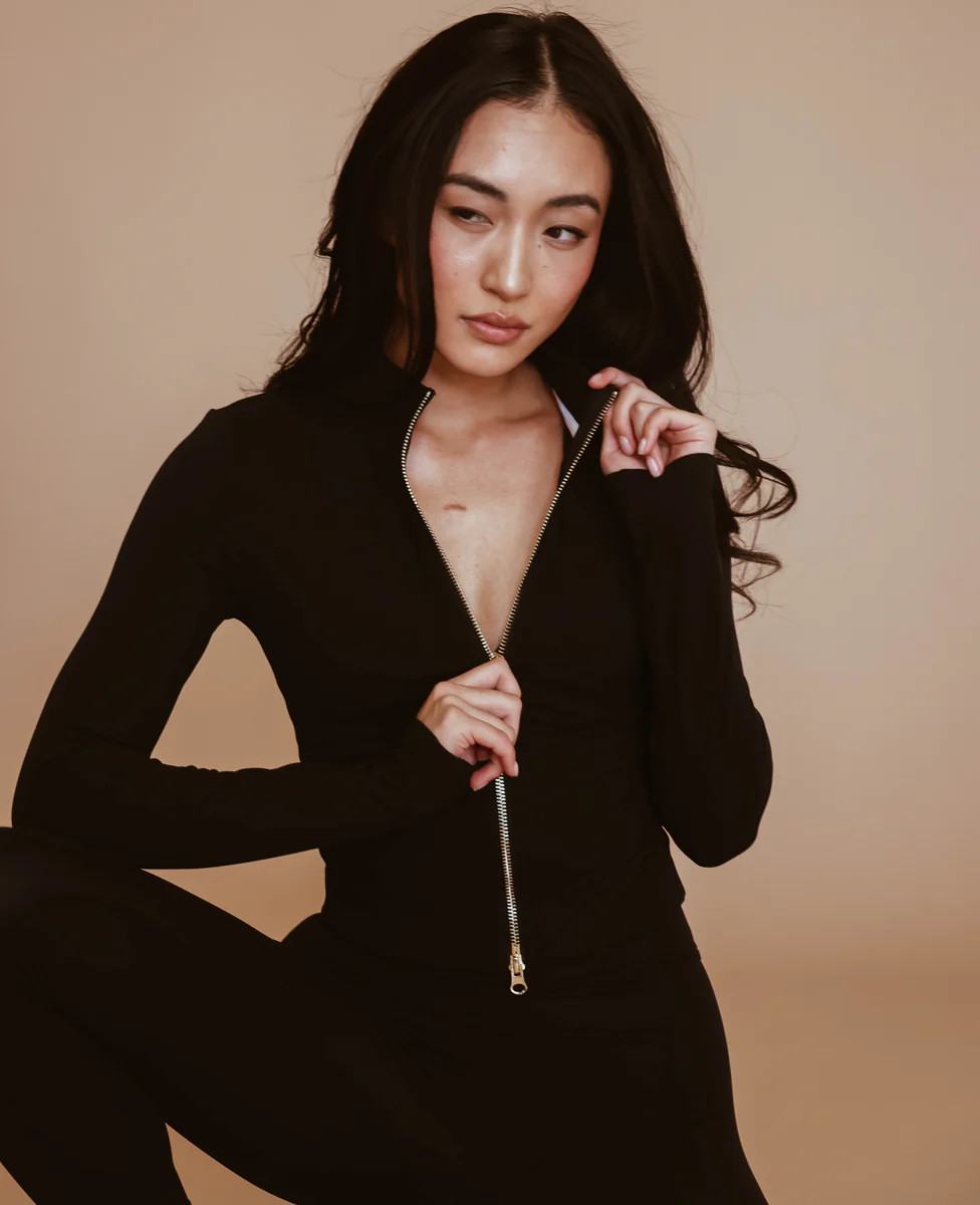Mock Neck Zip-Up Jacket - Black | Cara Loren Active