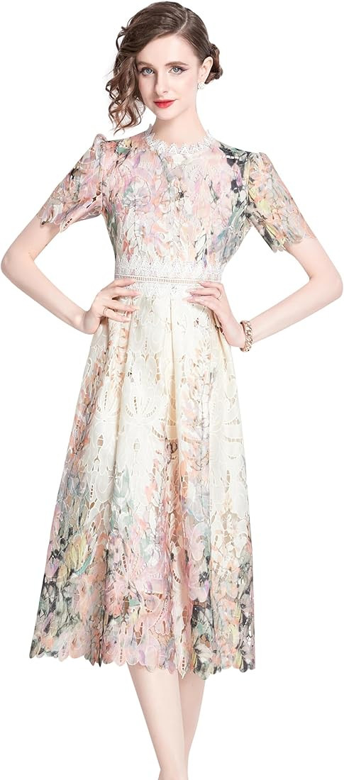 LAI MENG FIVE CATS Women's Lace Floral Short Sleeve Crochet Waist Cocktail Midi Dress | Amazon (US)
