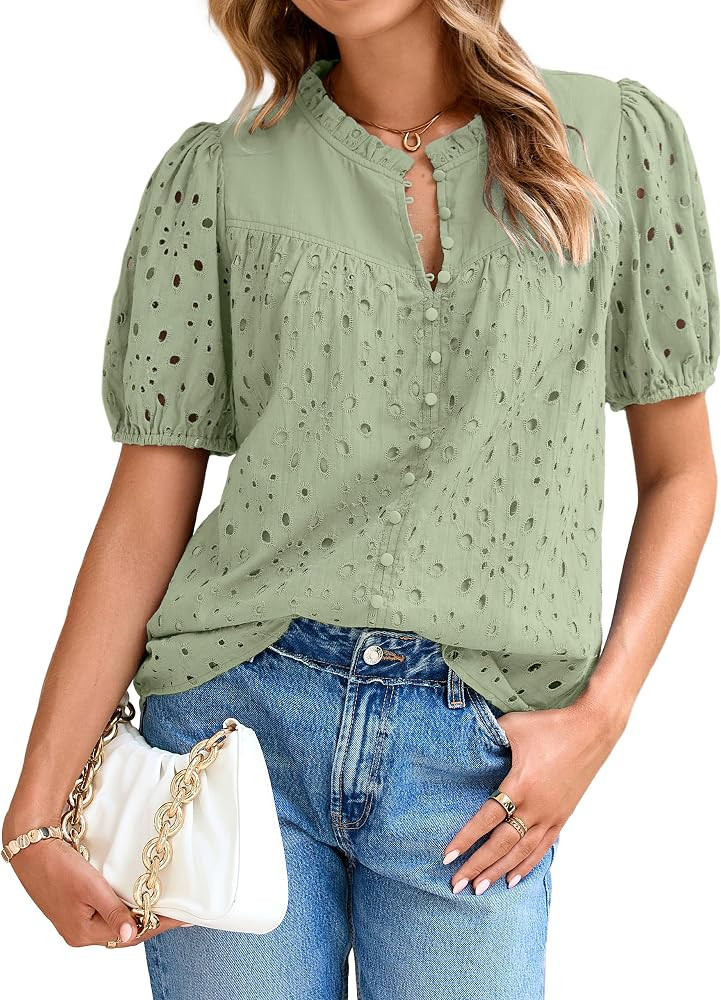 Glamaker Womens Summer Tops Blouse 2026 Casual Eyelet Embroidered Short Puff Sleeve Lace Hollow O... | Amazon (US)