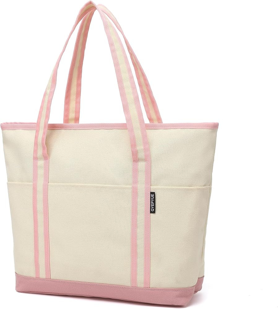 Large Canvas Tote Bag for Women, Beach Bag with Zipper, Utility Tote Bag with 3 Front Pockets, We... | Amazon (US)