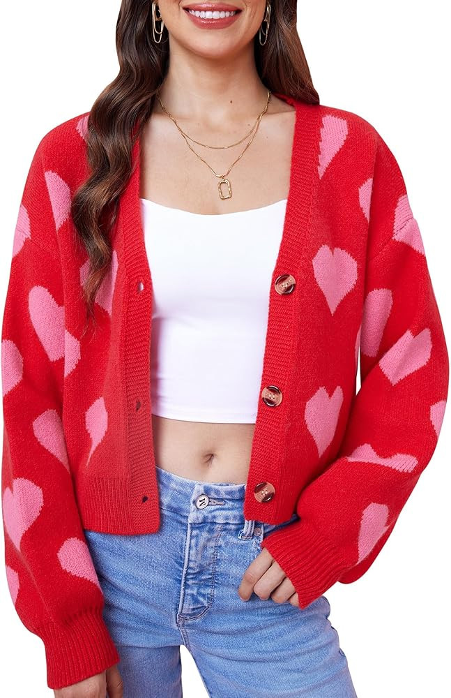 Women's Valentine's St Patrick's Day Cute Y2K Cropped Cardigan Long Sleeve Button Down Heart Swea... | Amazon (US)