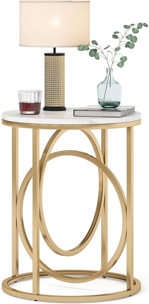 LITTLE TREE 20” Round End Table，Modern Sofa Side Table with Gold O-Shaped Base, Faux Marble W... | Amazon (US)
