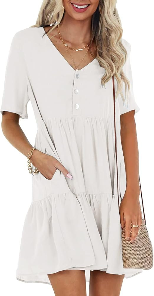 Rilista Womens Summer Dress Button V Neck Short Sleeve Casual Ruffle Hem Flowy Swing Mini Dresses | Amazon (US)