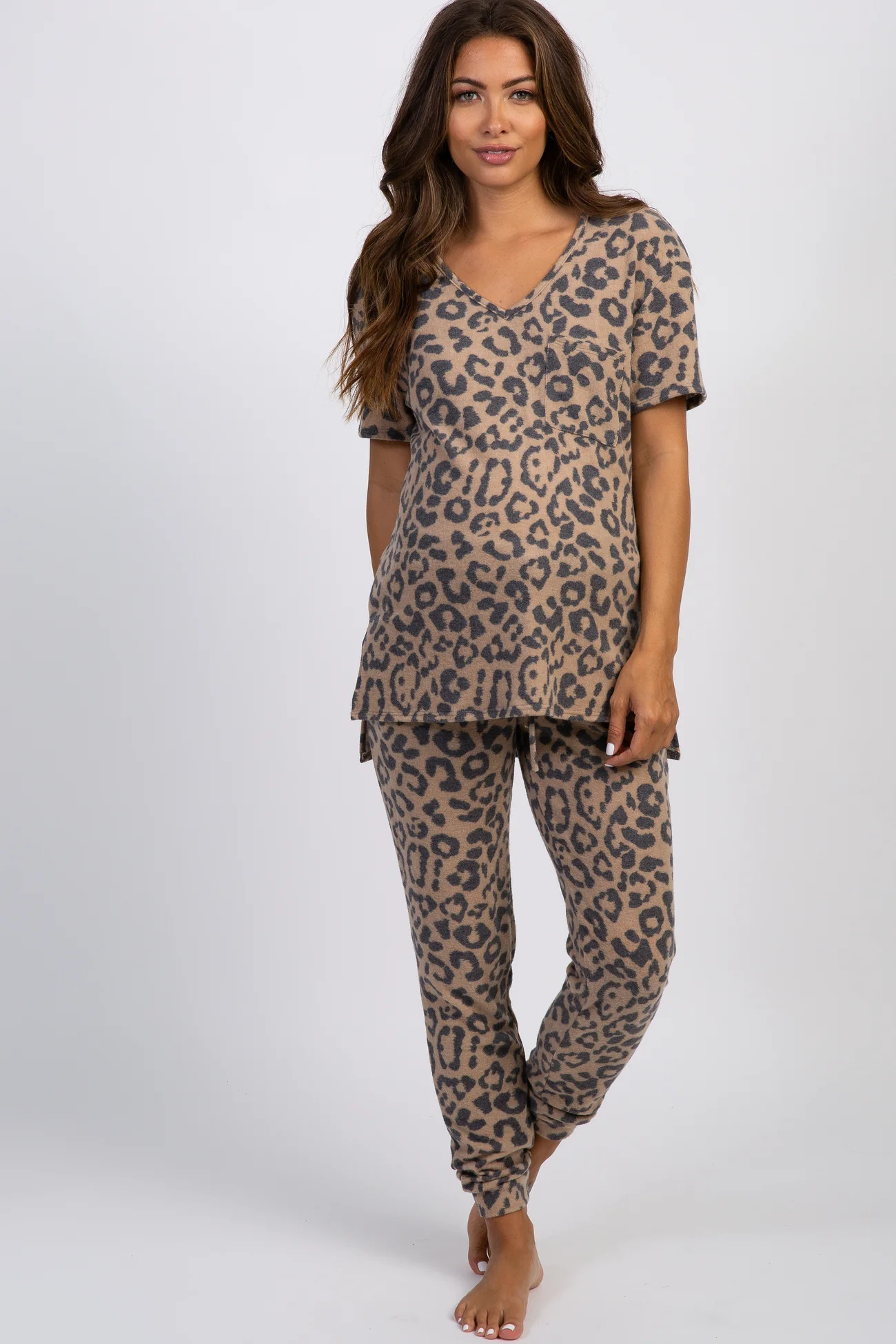 PinkBlush Camel Leopard Pocket Front Maternity Pajama Set | PinkBlush Maternity