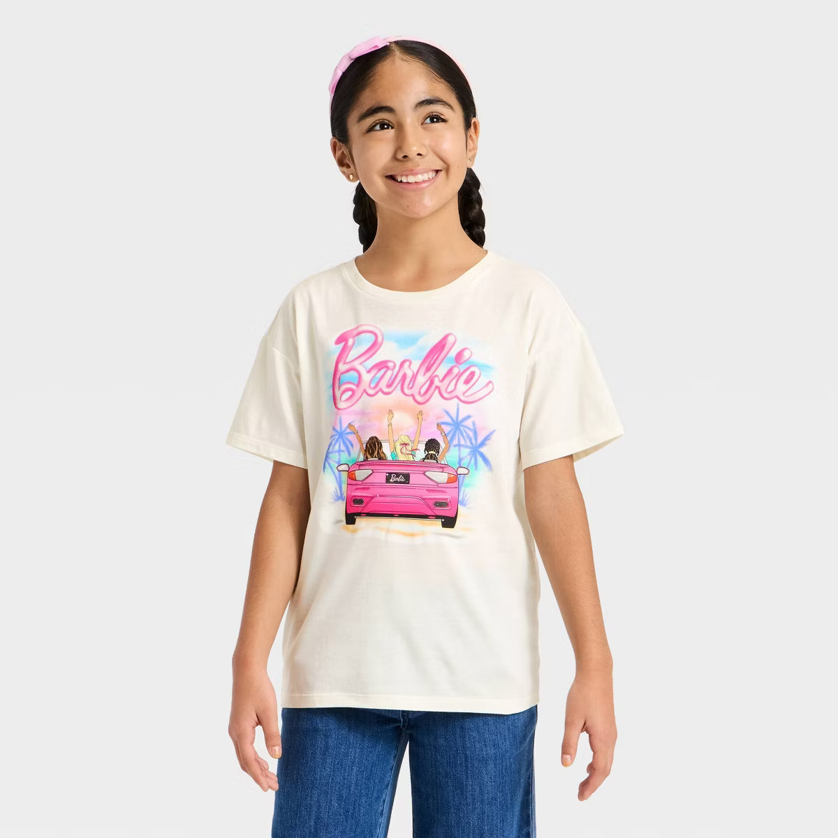 Girls' Barbie Airbrush Graphic Oversized Short Sleeve T-Shirt - White | Target