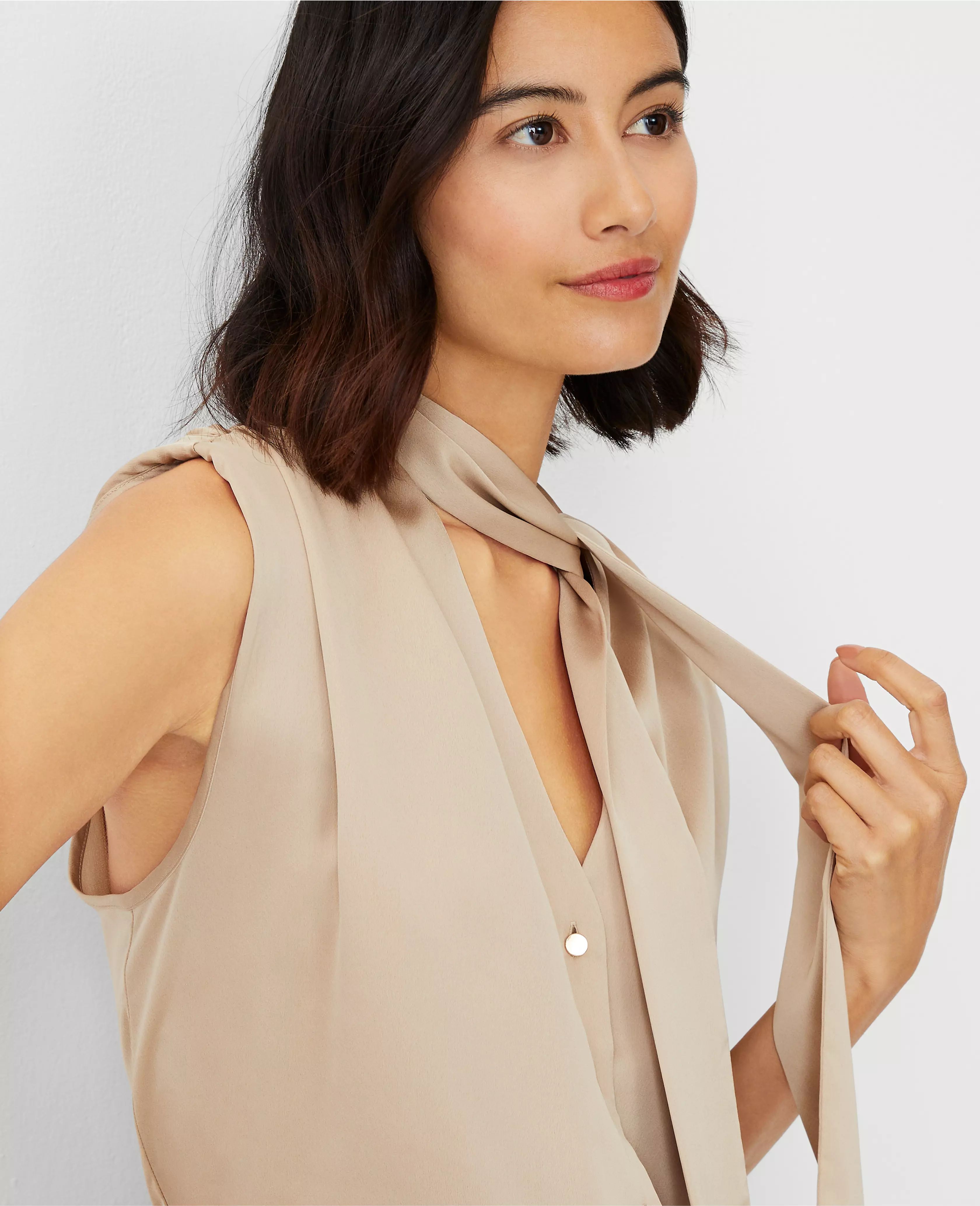 Shirred Shoulder Tie Neck Top | Ann Taylor (US)