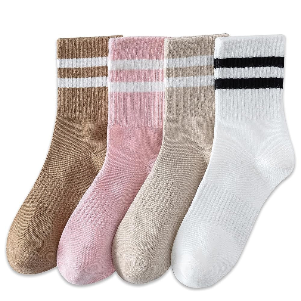 YUWELL Womens Striped Crew Socks, Cotton Cozy Casual Socks for Women 4 Pairs, Size 5-10 | Amazon (US)