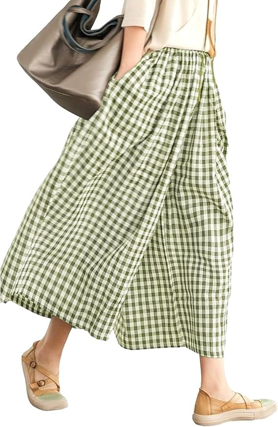 LOMON Womens Wide Leg Capri Pants Cotton Gingham Plaid Culottes Summer Elastic Waist Palazzo Trou... | Amazon (US)