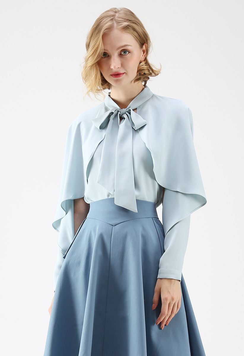 Crush on Casual Bowknot Cape Sleeves Top in Blue | Chicwish