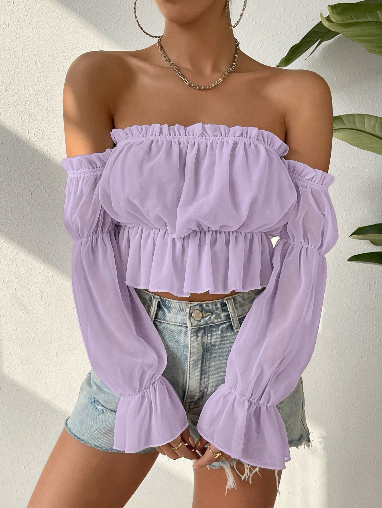 SHEIN VCAY Off Shoulder Frill Trim Flounce Sleeve Peplum Blouse | SHEIN