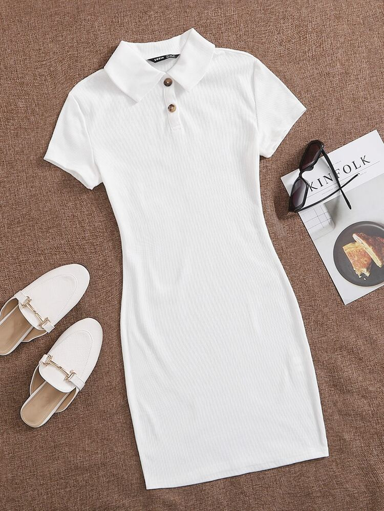 SHEIN Button Front Rib-knit Bodycon Dress | SHEIN