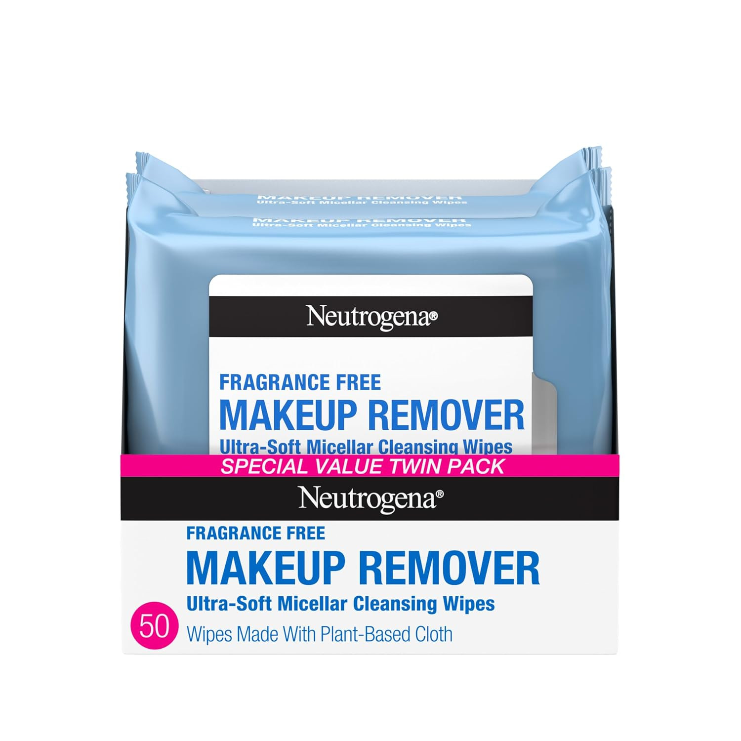 Neutrogena Cleansing Fragrance Free Makeup Remover Face Wipes, Cleansing Facial Towelettes for Waterproof Makeup, Alcohol-Free, Unscented, 100% Plant-Based Fibers, Twin Pack, 2 x 25 ct | Amazon (US)