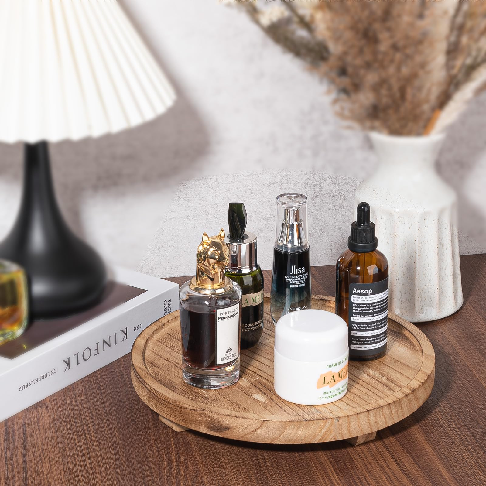 Round Decorative Tray Wood Bathroom Counter Organizer Farmhouse Kitchen Decor Wooden Riser for So... | Amazon (US)