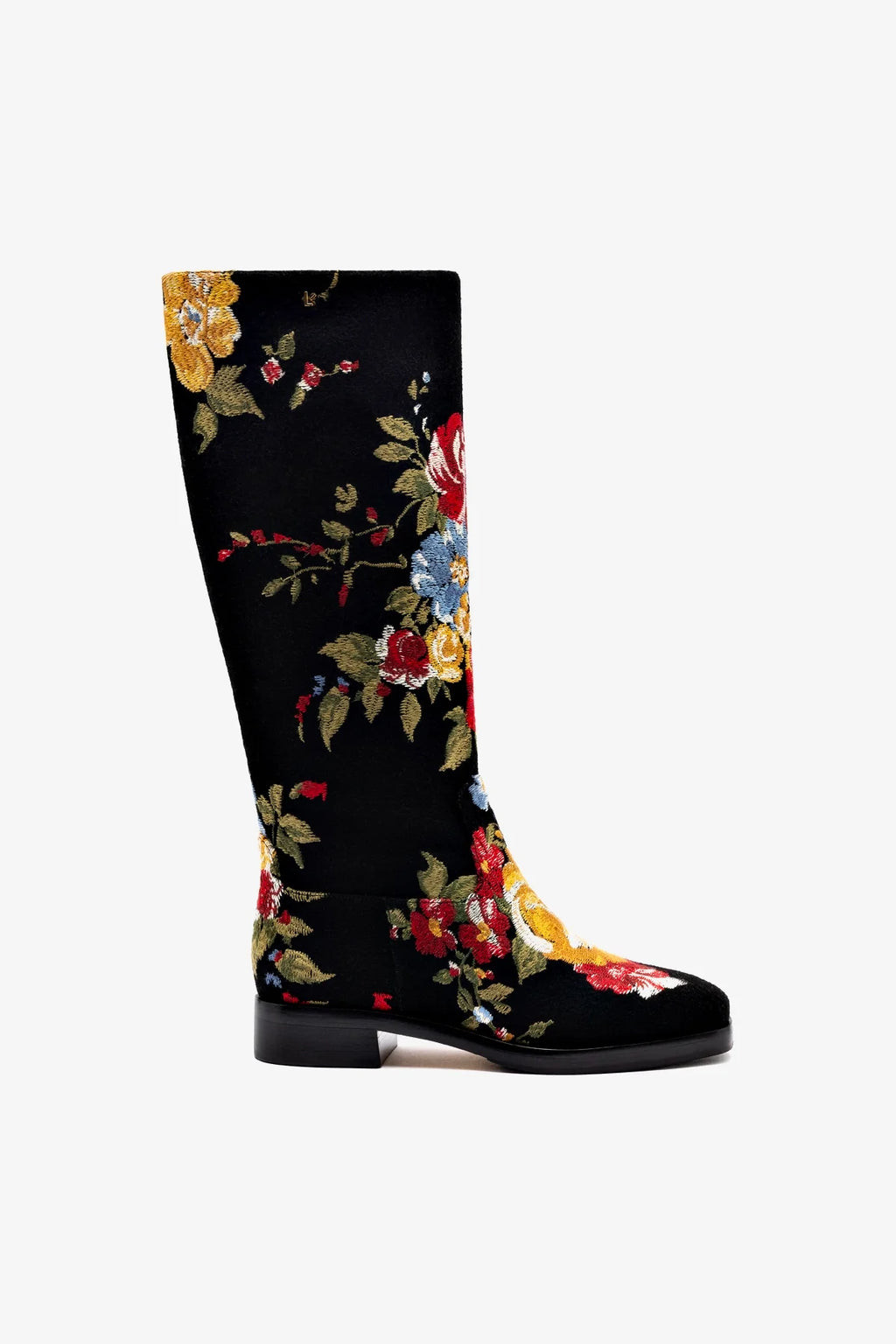 Larroudé x Markarian Flat Boot In Black Wool and Floral Embroidery | Larroude