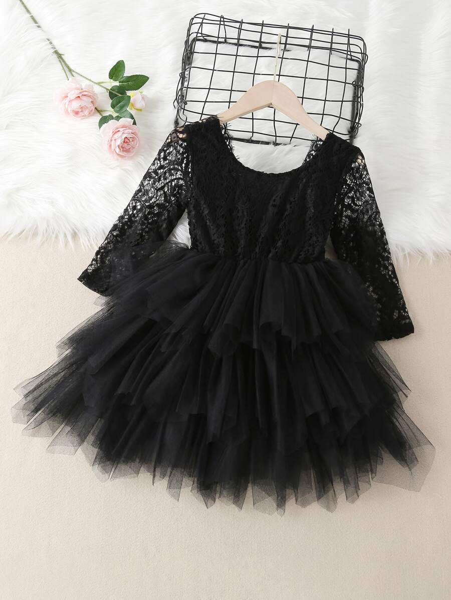Toddler Girls Lace And Mesh V-back Layered Dress SKU: sk2109066990198111(100+ Reviews)$15.00Make ... | SHEIN