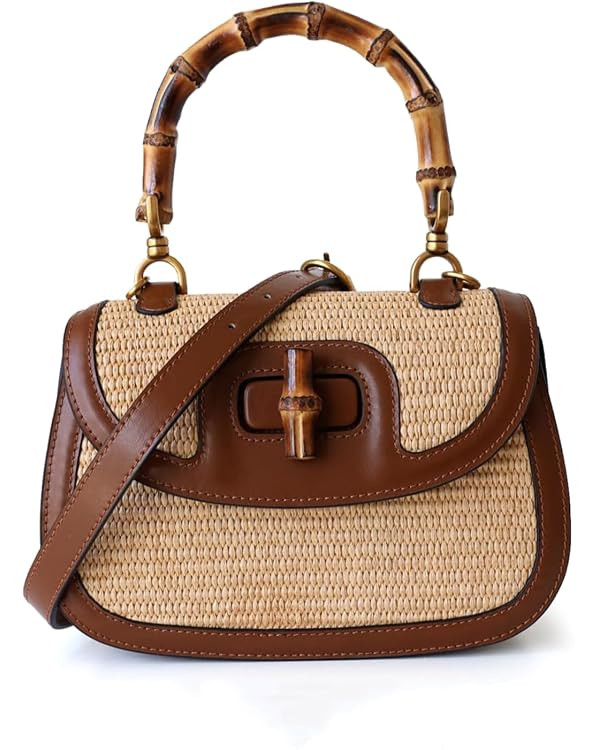 Small Women Tote Bag, Bamboo Handle, Leather & Straw Woven Top Handle Crossbody Bags | Amazon (US)