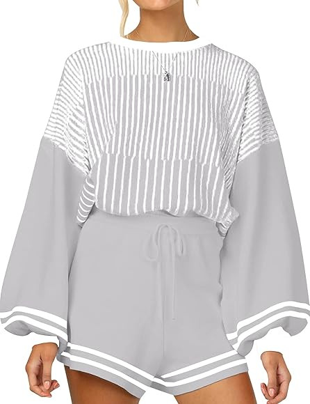 Gihuo Women' s Striped 2 Piece Outfits Crewneck Knit Pullover Sweater Shorts Set | Amazon (US)