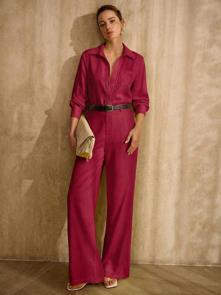 MOTF PREMIUM SOLID LONG SLEEVE SHIRT & STRAIGHT LEG PANTS SET WITHOUT BELT | SHEIN