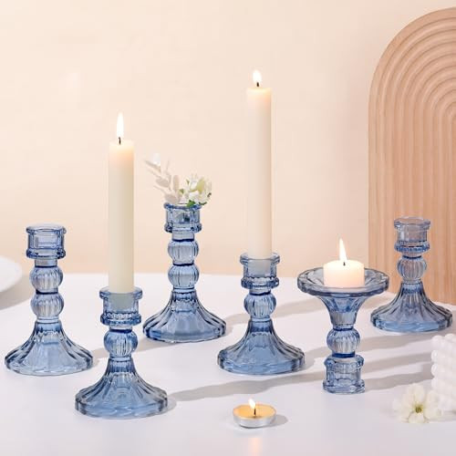 DARJEN 6Pcs Blue Candlestick Holders Set - 4" H & 5" H Striped Taper Candle Holders Bulk, Glass Candle Holders for Wedding, Festival, Party, Table Centerpiece, Gifts | Amazon (US)