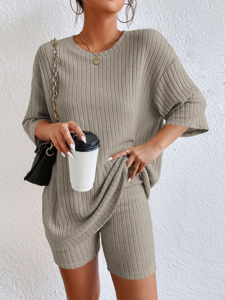 SHEIN Essnce Drop Shoulder Ribbed Knit Tee & Biker Shorts | SHEIN